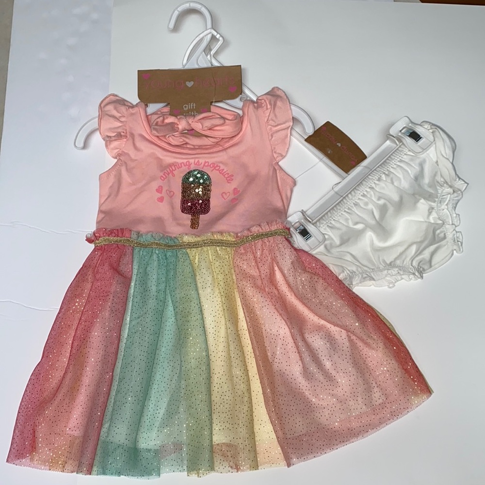 12M NWT Young Hearts dress, tule skirt with bloomers match head band, soft peach